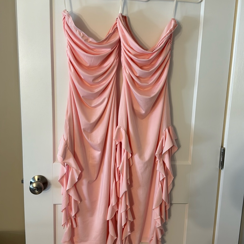Size medium, pink, strapless, ruffle dress.